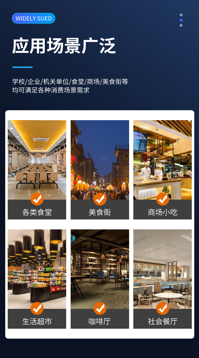 應用場(chǎng)景廣泛,學(xué)校、企業(yè)、機關(guān)單位、食堂、商場(chǎng)、美食街等,均可滿(mǎn)足各類(lèi)消費場(chǎng)景需求