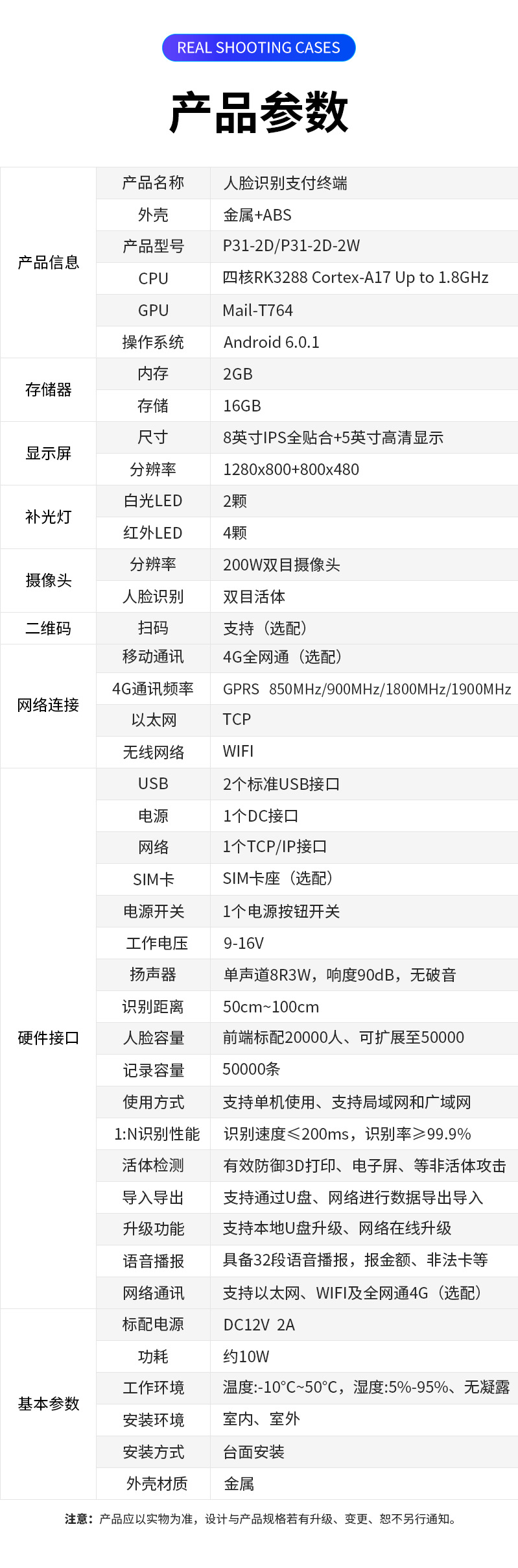 P31-2D-2W人臉識別消費終端產(chǎn)品參數